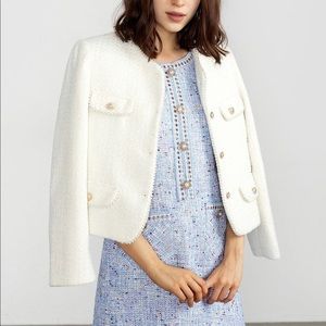 NWT J.ING white tweed lady jacket with pearl sz. XS